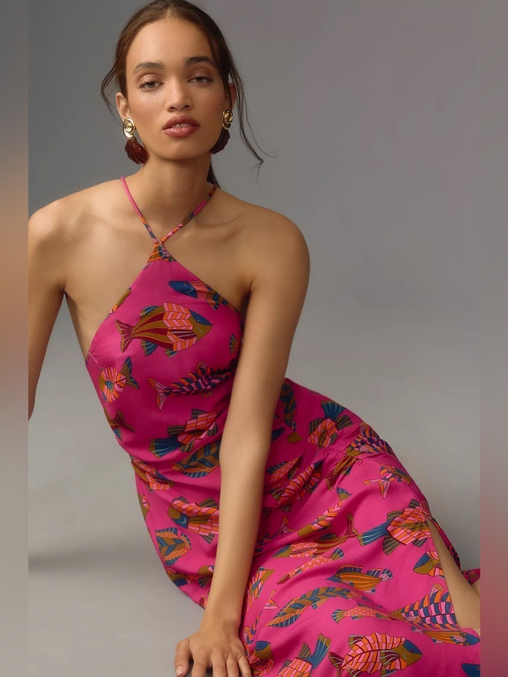 Farm Rio Anthropologie Pink Tropical Fish Print Halter Slim Midi Dress XXS